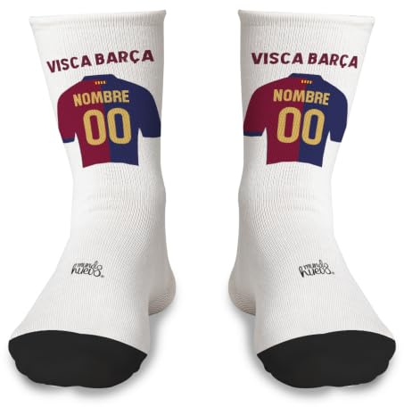 Par de Calcetines + 1 calcetín de regalo por el quese pierde en la lavadora | Camiseta Barcelona | Personalizado con nombre y numero | Tacto algodón | Talla única | Haz un regalo único y divertido