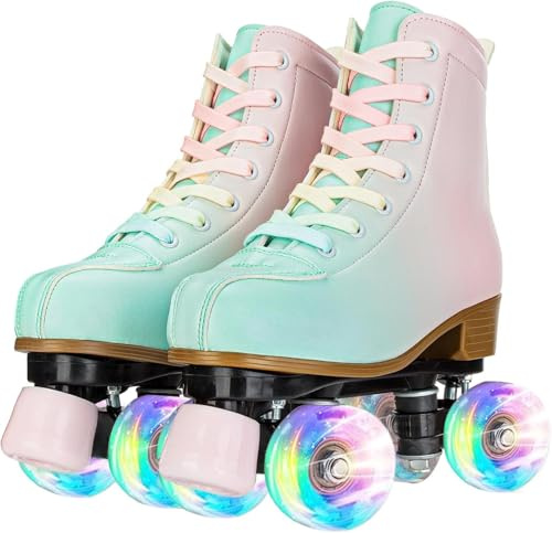 XUDREZ Roller Skates Roller Flash wheel Shoes Green Pink Double Row Shoes Kids Youth Men And Women Beginners Luminous Roller 36