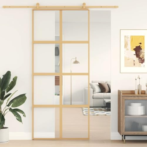 IKAYAA Glasschiebetür, Schiebetür, Glastüren Innen, Glastür, Schiebetür Glas, ESG-Klarglas und Aluminium Golden 90x205 cm