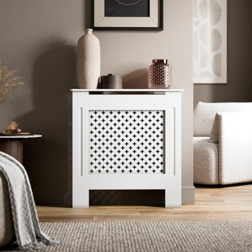 Radiant Living Radiator Cover Diamond Cross Pattern, Modern White MDF Radiator Cabinet for Living Room & Bedroom, Small 78 x 81.5 x 19cm