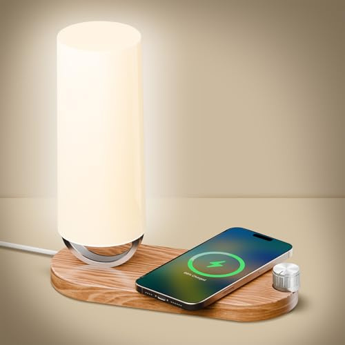 VOSFEEL Lámpara Recargable para Mesita de Noche con Carga Inalámbrica 15W - Luz Dimmable sin Niveles, Control Giratorio, para Cargar Teléfonos y Auriculares, Lámpara de Mesa Moderna y Práctica