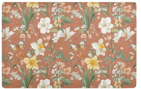 KLL Paillasson d'entrée en caoutchouc antidérapant absorbant pour maison, ferme, cuisine, terrasse, fleurs d'été, bégonia, papillons, terre cuite, 81,3 x 50,8 cm