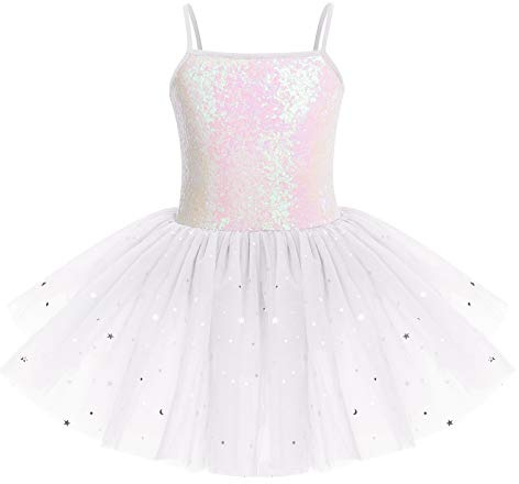 IWEMEK - Abito da Balletto per Bambina con Tutu senza Maniche con Paillettes, Body da Balletto, Vestito da Danza per Ginnastica, bianco, 7-8 Anni