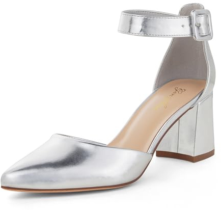 GENSHUO Zapatos de Mujer con Punta Cerrada, Tacón Bajo en Bloque de 6 cm, Correa al Tobillo, Cómodos para Trabajo y Fiestas, Plateado, 38.5 EU
