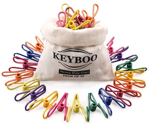 KEYBOO 32 Stück Wäscheklammern Edelstahl mit Wäscheklammerbeutel, Wäscheklammern mit Korb Klammern Metall, Metallklammern für Handtuch Foto Socken Lebensmittel Versiegelung Office Dateien