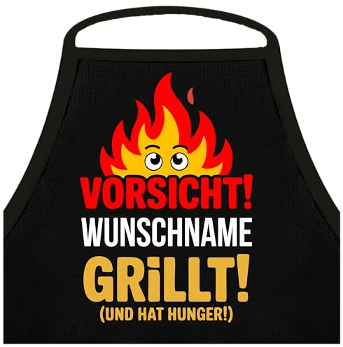 Shirtoo Lustige Grillschürze für Männer: Vorsicht, Wuschname grillt und hat Hunger - Personalisiert mit Namen - Grillen Geschenk BBQ Schürze Küchenschürze, Männer Geschenkideen