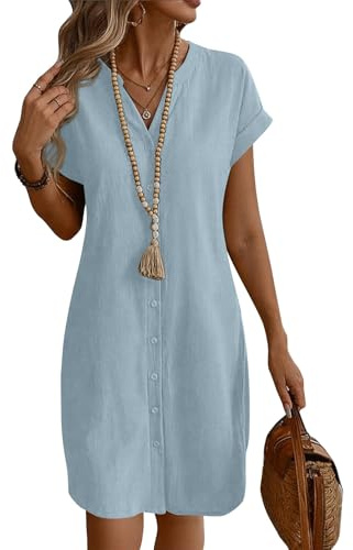 Sommerkleid Damen Kurz A Linie Blusenkleid Damen Sommer Elegant Tunika Kleid mit Ärmel Kurzarm Sommerkleider Leicht Kleider Frauen V Ausschnitt Einfarbig Damenkleider mit Knopfleiste