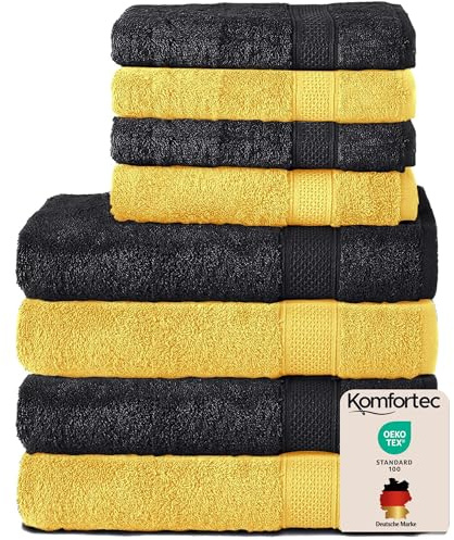 Komfortec Handtuch Set 8 Teilig aus 100% Baumwolle, Schwarz/Gelb | 4 Badetücher 70x140 cm, 4 Handtücher 50x100 cm, Frottee, Flauschig und Saugstark