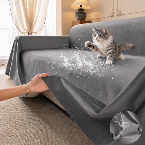 Loiion Sofabezug Kratzfest Katze Wasserdicht Sofaüberwurf Grau 300x230cm | Weicher Kratzfester wasserdichter Sofabezug mit Rutschfester Unterseite, Schützt vor Katzenkrallen und Flüssigkeiten