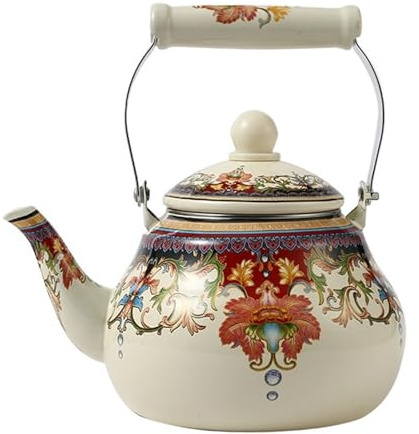 Hervidor de agua vintage con diseño de flores blancas y asa de cerámica para estufa.(2.5L)