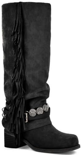 KISTANIA Women's Black Riding Boots with Fringes Wide Calf Knee High Fold-Over Square Toe Motorcycle Boots Chunky Block Low Heel Pull-On Leather Fashion Buckle Straps Biker Booties Size 7