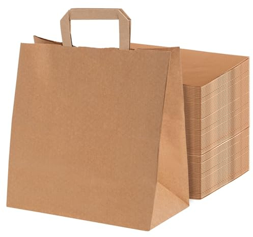 MAXI PRODUCTS - 100 Unidades - Bolsas Papel Kraft con Asa Plana - 26 x 18 x 30 cm - Bolsas Regalo - Bolsitas Personalizables - Eventos y Hotelería - Comunión, Cumpleaños, Bodas - PERSONALIZABLES