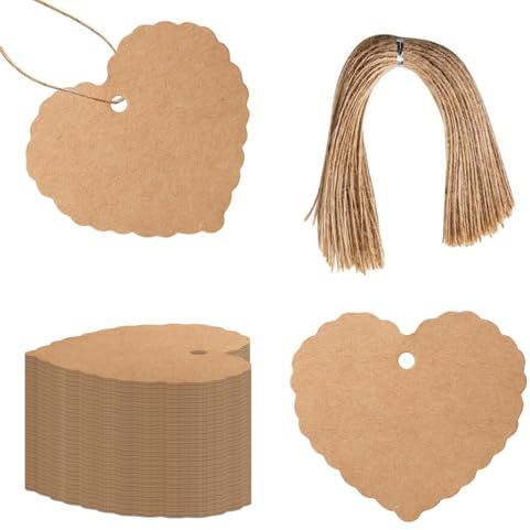 Xynovate 100 Geschenkanhänger Braun Weihnachten Kraftpapier 5,5x6 cm | Mit Juteschnur zum Beschriften, ideal für Weihnachtsgeschenke Verpackung DIY Basteln Dekoration(Herz– D）