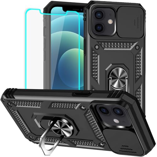 Yiakeng for iPhone 12 Case with Screen Protector: [Military Grade 20ft. Drop Tested] Slide Camera Cover Ring Shockproof Protective Phone Case for - iPhone 12 (Black)