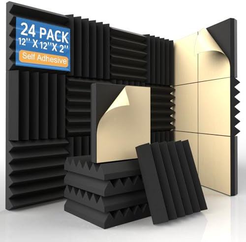 AUSLET 24 Pack Self-Adhesive Acoustic Foam Panels, 12 x 12 x 2 Inches High Density Wedge Sound Proof Foam Panels for Walls, Fire Resistant Soundproof Wall Panels for Home Office & Studio (Black)
