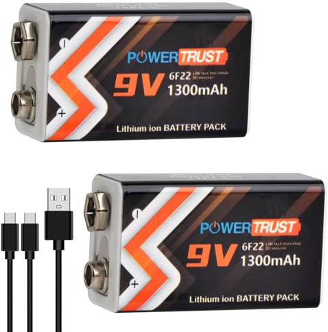 PowerTrust Paquete de 2 pilas recargables de 9 V, batería de iones de litio de 1300 mAh con puerto de carga USB-C y cable de carga 2 en 1 para detectores de humo, multímetro, micrófonos