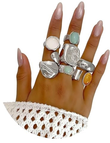 7-Piece Set of Chunky Square Silver Open Statement Rings for Women