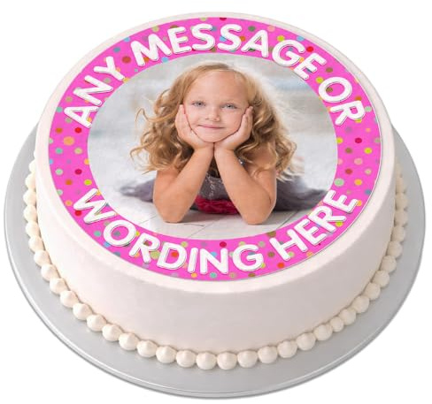 Personalised Photo Cake Topper - Your Own Photo Image Spotty - Round Circle Edible Premium Icing Sheet, Upload Your Image & Message, Custom Birthday Cake Decoration, Any Size 4-7.5 Inch - Pink