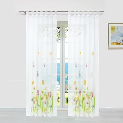 ESLIR Gardinen mit Schlaufen Vorhänge Gardinenschals Transparent Schlaufenschal Blumen Muster Voile Grün BxH 150x175cm 1 Stück
