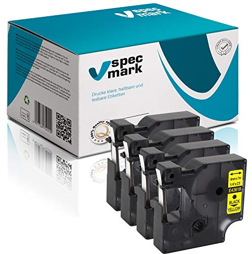 specmark Schriftband D1 43618 6 mm x 7 m 4 Stück Schwarz auf Gelb | Beschriftungsband, Kompatibel mit DYMO LabelManager, LabelPoint und LabelWriter DUO