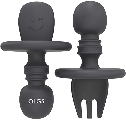 OLGS Silikon Besteck Kinderbesteck 2er Set | Esslernbesteck Babybesteck Babylöffel, Baby Gabel Löffel Esslernlöffel BPA-frei Dark Grey | Lernlöffel Babygabel Kindergeschirr Fütterungslöffel für Kinder