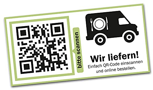 Social Media Aufkleber mit QR Code Link für Firmen Unternehmen Marken Sticker personalisiert für Auto Bus Schaufenster Theke Marketing Werbung (01 Essen liefern, Eckig)