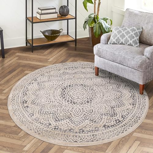 carpet city Teppich Wohnzimmer Grau - 200x200 cm Rund - Ornamente Ethno-Stil - Kurzflor Teppiche Modern - Tricolor Soft&Weich - Flachflor Schlafzimmer