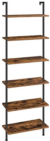 HOOBRO 6-stöckiges DIY Bücherregal, industrielles Leiterregal, Regal aus Spanplatten, vertikales Standregal, mit stabilisierendem Metallrahmen, für Heimbüro, Wohnzimmer, Dunkelbraun EBF65CJ01
