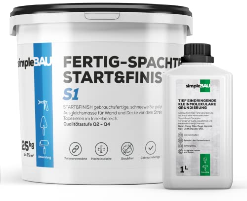 simpleBAU Spachtelmasse Weiß Innen 25 KG + 1L Tiefengrund gebrauchsfertig für Wand, Decke, Boden - Gebrauchsfertige Polymer-Spachtelmasse für Lösemittelfrei vor Anstrich & Renovierung