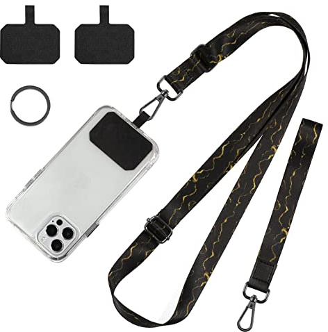 Dutyway Cell Phone Lanyard, Wrist Lanyard for Keys, Adjustable Crossbody Shoulder Neck Strap with Phone Tether Tabs Universal Lanyards for ID Badges, Card Holder, Most Smartphones (Black Gold)