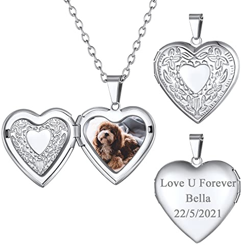 FindChic Personalisierte Ketten Herz Medaillon Zum Öffnen für Bilder Damen Foto Medaillon Aufklappbar Halskette Amulett Anhänger Gravierte Text Schmuck Silber/Gold/Rosegold