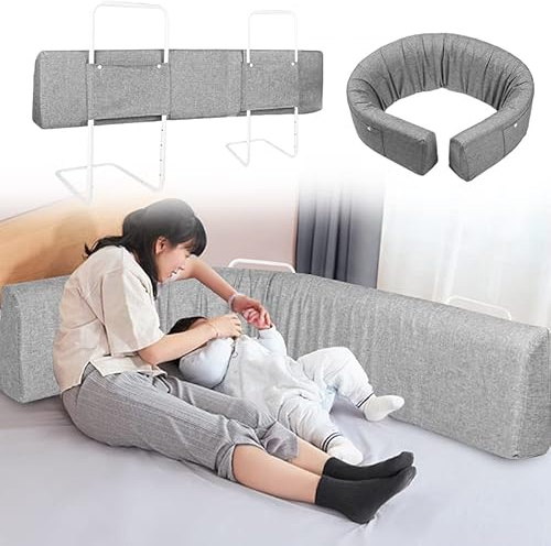 YUENFONG 150cm Bettgitter Bettschutzgitter Rausfallschutz für Kinder, Verformbar Kinderbettgitter Seitenschutz mit 5-Loch Verstellbare, Anti-Rausfallschutz, Leinengrau