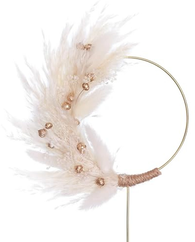 The Baked Studio - Boho Dried Flower Pampas Floral Ring Cake Topper For Cake Decorating For Birthdays Baby Shower Christening & Wedding (White Bleached with Gold)