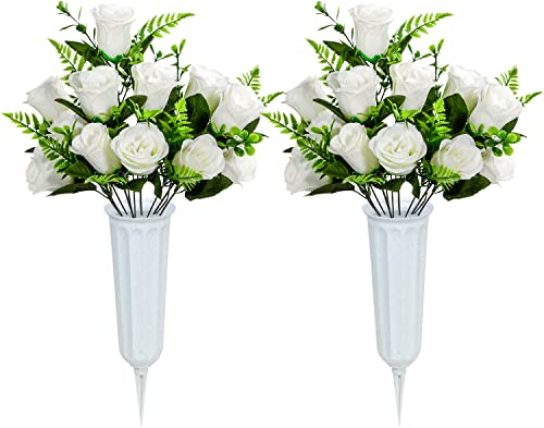 SIFOEL Flores Artificiales Cementerio con florero, Rosas Artificiales Flores conmemorativas para la decoración lápida del Cementerio (White)