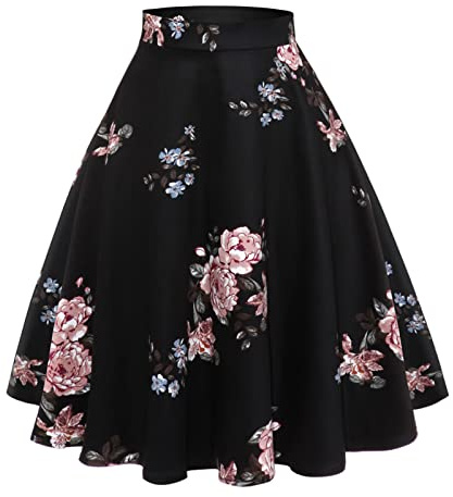 Jupe pour femme, longueur genou, style rockabilly, élégante, vintage, motif floral, polka à pois, swing, années 50, rétro, ligne A, L