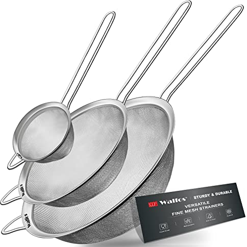 Juego de 3 coladores de malla fina, colador de alambre de acero inoxidable para cocina, colador fino de metal multiusos con asa, perfecto para alimentos, arroz, quinua, 3, 5, 7