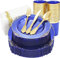 LATERN 175 Stück Mehrweg Blau und Gold Plastikgeschirr, 25 Speiseteller, 25 Salatteller, 25 Messer, 25 Gabeln, 25 Löffel, 25 Tassen, 25 Servietten für 25 Gäste Hochzeit Jubiläum Garten Party