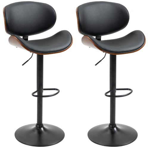 HOMCOM 2er-Set Barhocker Höhenverstellbar Schwarz 53 x 52 x 92-112 cm | Küchenhocker, Tresenstuhl aus Kunstleder, Drehstuhl mit Fußstützen, Barstuhl für Küche, Esszimmer, Stahl