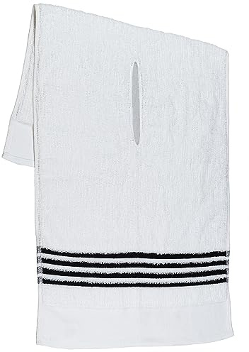 The Tour Towel | Large Golf Caddy Towel Terry Cloth, Absorbent 19 x 44, Center Cut, Perfect Hang Golf Cart Accessory and Golf Bag, White with Black Stripes