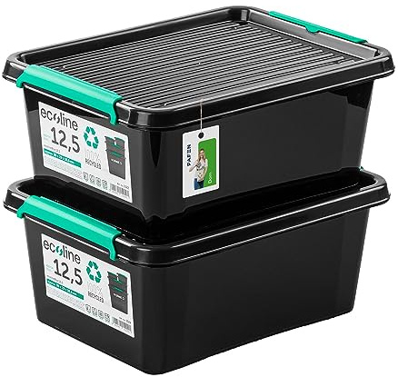 PAFEN 2x Aufbewahrungsbox mit Deckel Öko-Linie 12,5L - 40 x 30 x 16,5 cm - Boxen Aufbewahrung Stapelboxen mit Verschlussclips Kunststoffbehälter Kleiderboxen Organizer | Schwarz