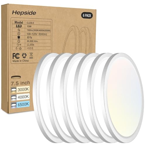hepside 6PACK LED Flush Mount Ceiling Light, 3000K-4000K-6500K & 100W Equivalent Modern Kitchen Recessed Ceiling Lamp 15W 1500Lm 7.5 Inch for Bathroom Closet Laundry Bedroom Hallway, White