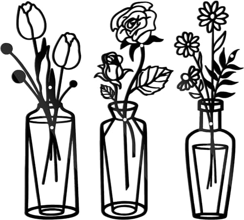3 Metal Flower Wall Art, Black Tulip Wire Iron Decor, Black Metal Wall Art, Flower in Vase Wire Wall Hanging Decor for Living Room, Bathroom, Bedroom, Patio, Balcony, Kitchen