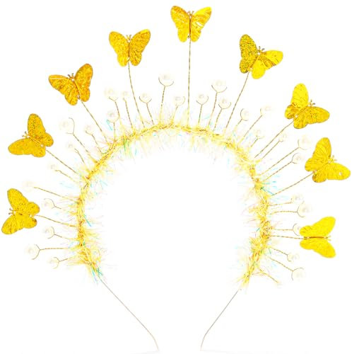 deladola Schmetterling Stirnbänder Perle Kopfschmuck Gold Schmetterling Fascinator Haarband Tee Party Rave Kostüm Kopfschmuck für Frauen und Mädchen