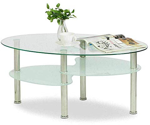 Cannoli Table Basse en Verre Trempé à 3 Niveaux, Ovale, Bout de Canapé pour Le Salon, Bureau, Hôtel, Cadre Robuste en Métal et Pieds Antidérapants-90 * 50 * 43cm Transparent+Blanc