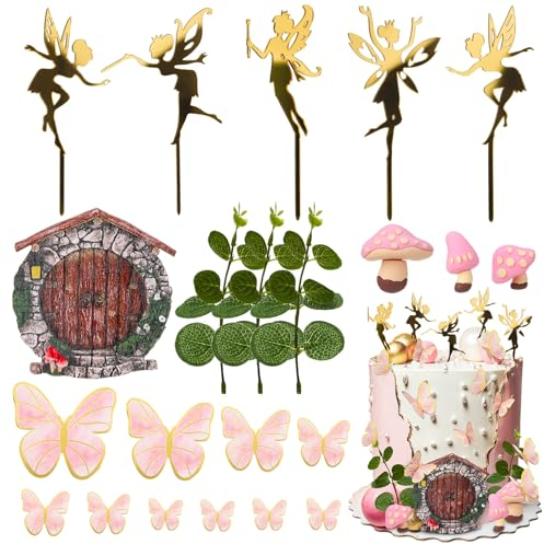 Xialvyu 22 PCS Fairy Cake Decorations, Garden Mushroom House Cake Decorations Butterfly Cake Toppers Cupcake Toppers for Kids Girls Birthday Decor
