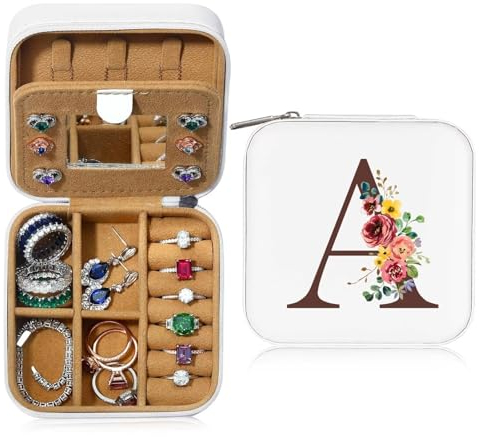 TINGN Geschenke Mädchen 8,10,11 Jahre - Initiale Schmuckkästchen mit Namen A und Blume Personalisierte Kleine Reise Schmuckkästchen mit Spiegel für Damen Mädchen Geschenk für Geburtstage, Weihnachten