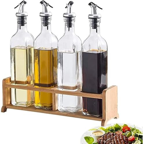Glass Olive Oil Bottle Dispenser - Leak-Proof 500ml Cruet Set With Wood Holder Stand And Funnel - Vinegar And Oil Bottle Dispenser For Kitchen