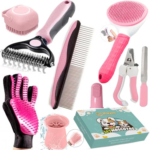 Pukpu Kit de Aseo para Mascotas 9 Piezas Rosa – Cepillo Gato Pelo Corto, Deslanador Perros, Guante Quitapelos, Limpia Patas, Cortaúñas Gato, Peine y Cepillo Dental