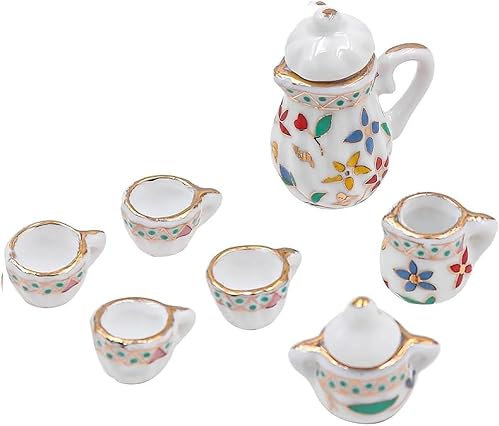 Alnicov Tea Set Miniature Tea Set 15Pcs Dining Ware Porcelain Mugs Doll House Accessories for 1/12 Barbie Dollhouse Lundby Dolls House Dollshouse Miniature