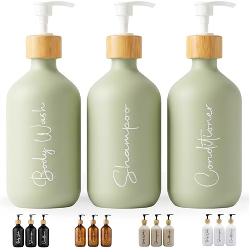 FCINNOVA Dispensador Jabon Baño Verde Matcha 500ml Set de 3 Botes para Gel y Champu Acondicionador Embudo para Rellenado Este Dosificador Jabon Baño es Elegante practico y mantendra su Ducha ordenada